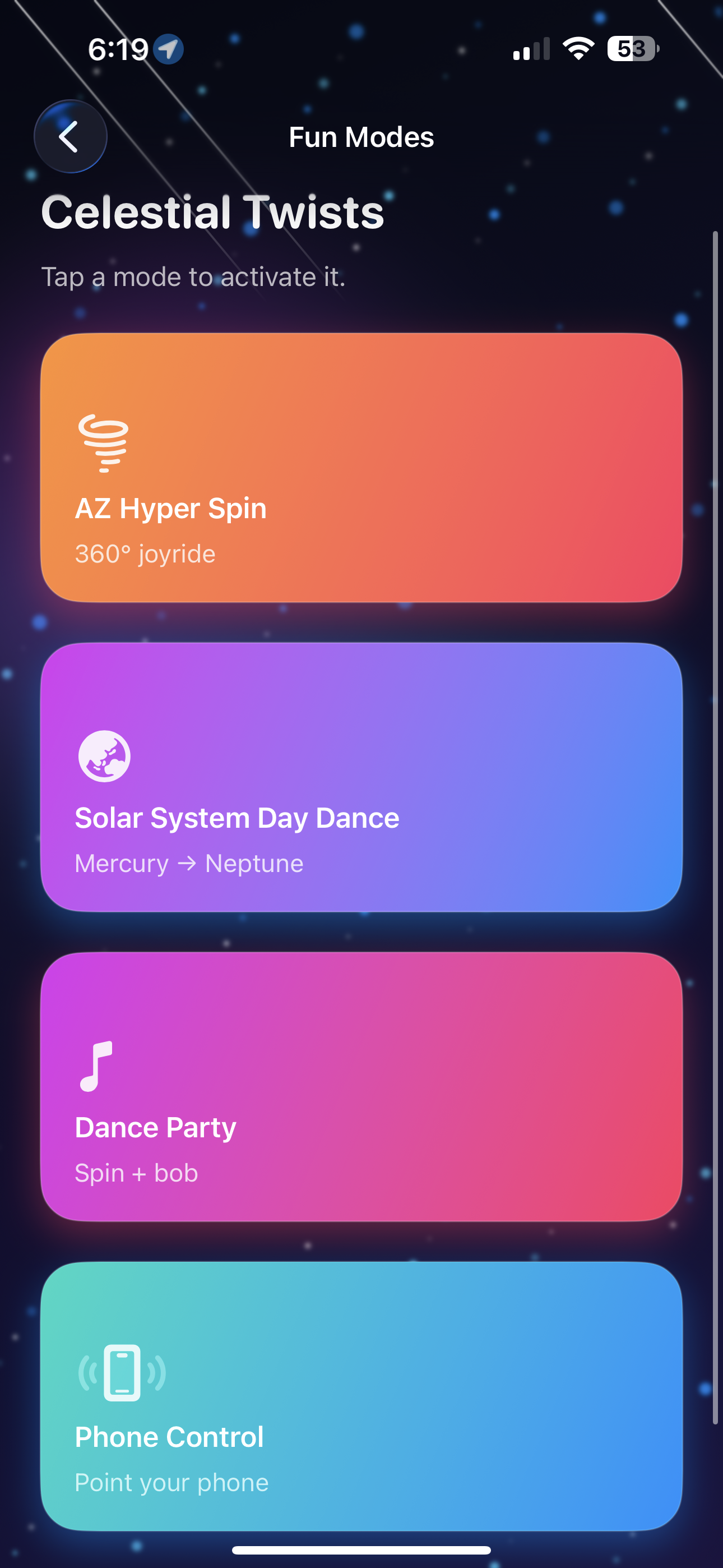 Fun modes selection screen